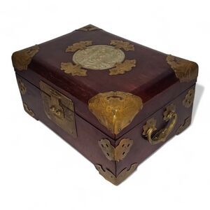 1940s Chinese Mahogany Wood & Brass Jewelry Box w/ Carved Jade Insert